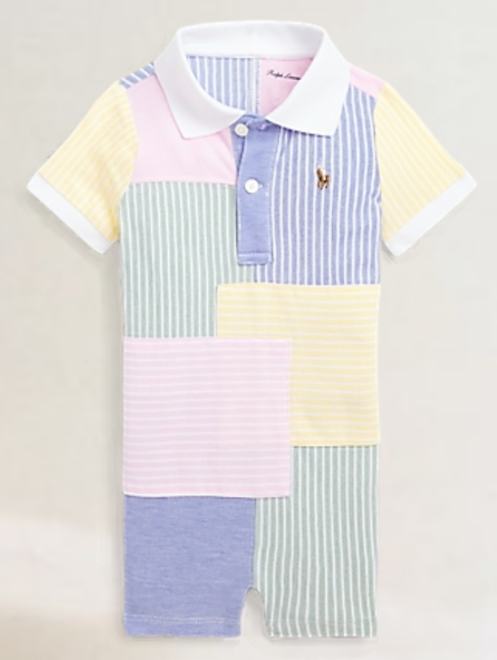 Ralph Lauren Pastel Patchwork Mesh Polo Shortall Romper - Multicolor